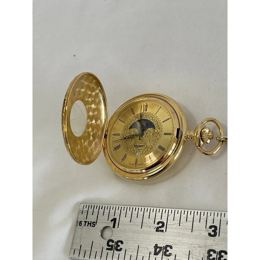 Majesti Gold Tone Sun Moon Phase Pocket Watch Swiss Parts Roman Numeral Date
